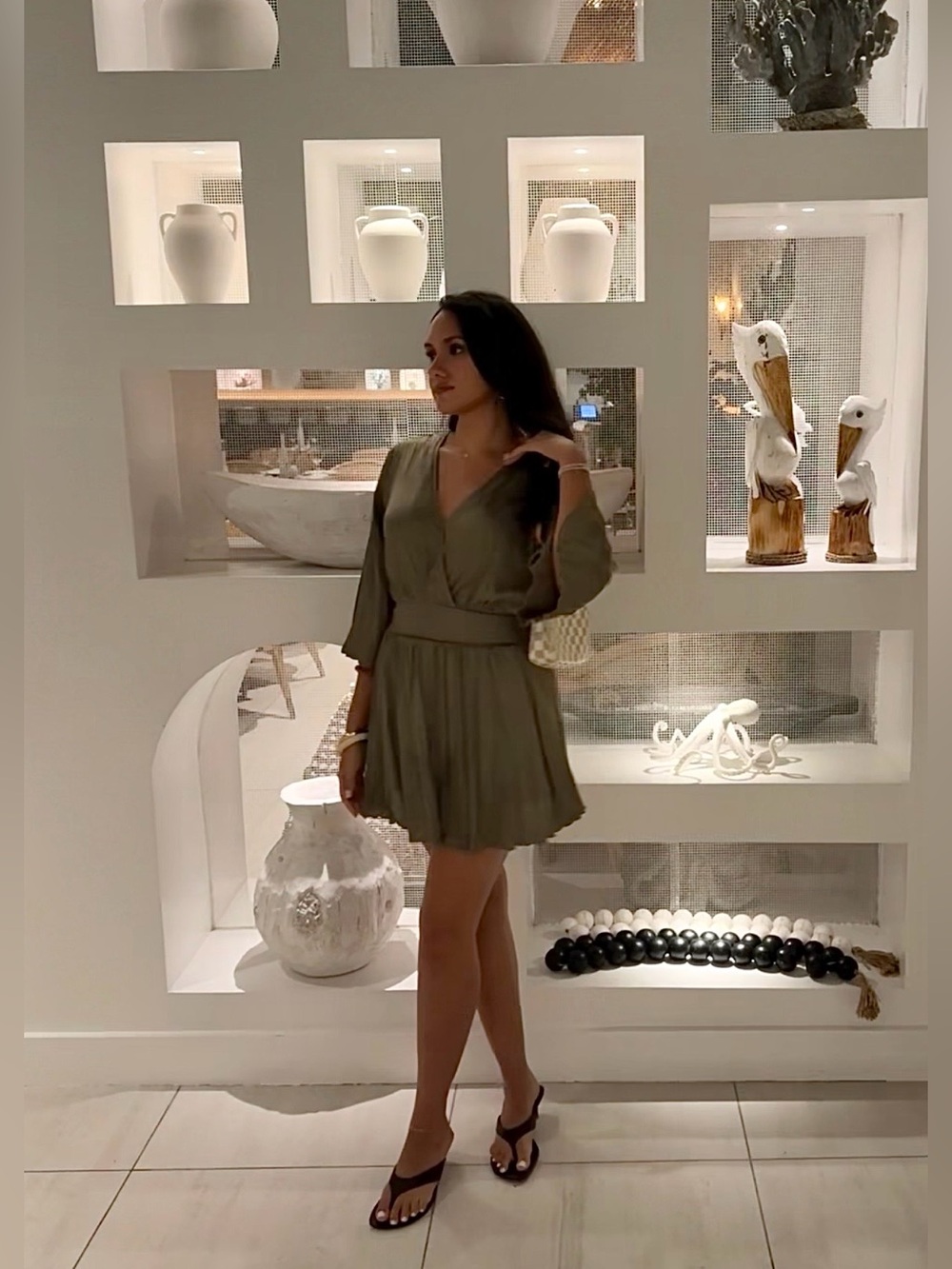 Zara Olive Green V-Neck Pleated Mini Dress